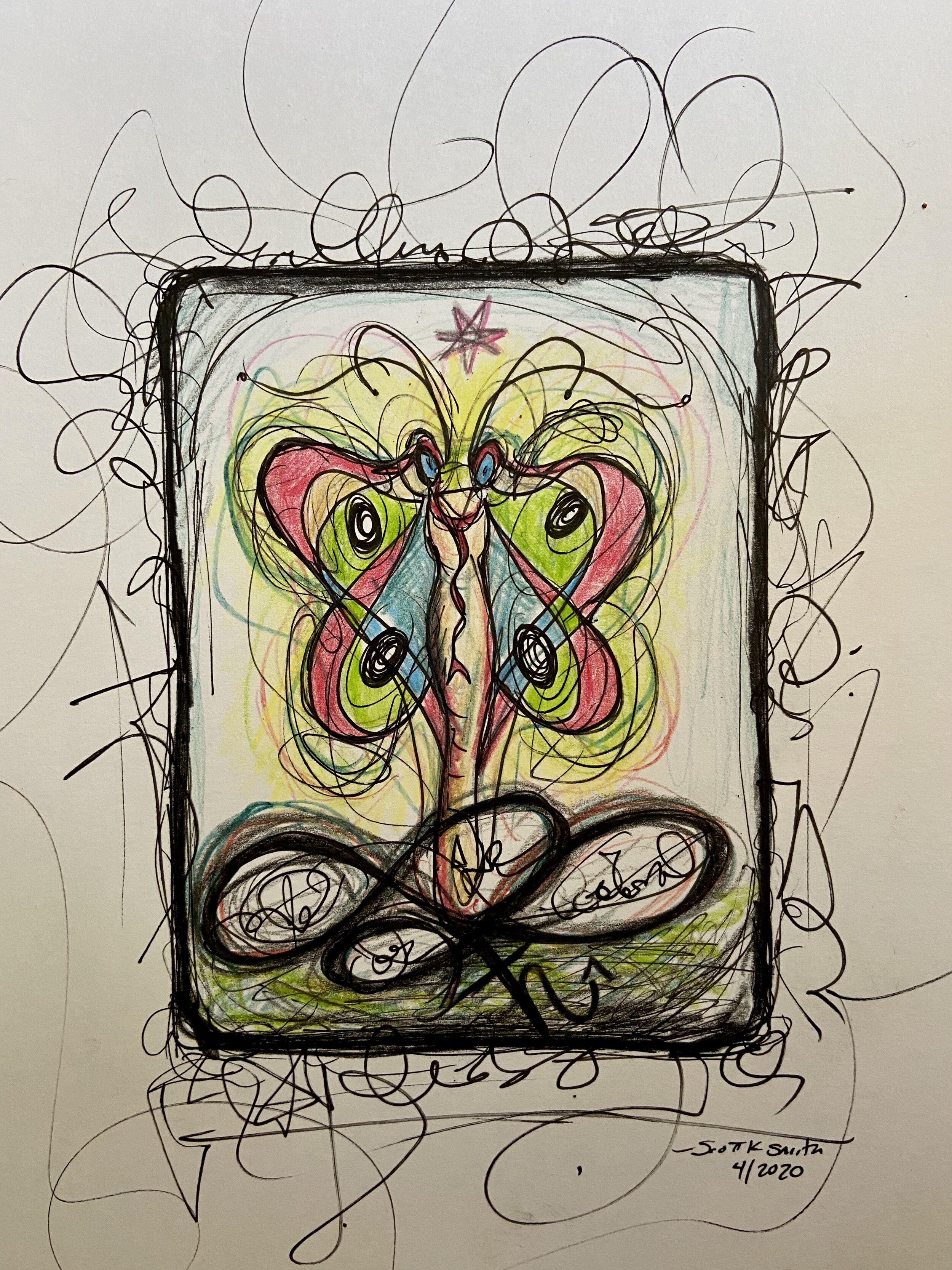No plan, based on a vision, and I let myself go for the first time in a very long time. I just made, unmaking all my control mechanism, what wanted to be expressed. Snake + moth. Water color pencils and PGMA Graphic pens